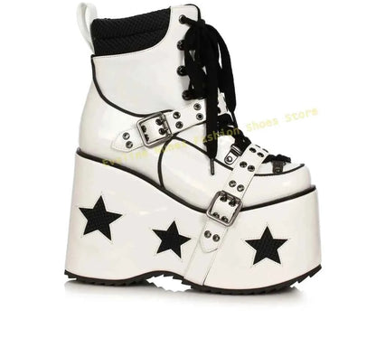 Green Spaced Out Platform Boots Round Toe Wedge Belt Buckle Lace Up Patchwork Women Cyberpunk Boots Gothic Style Y2K Shoes 2025