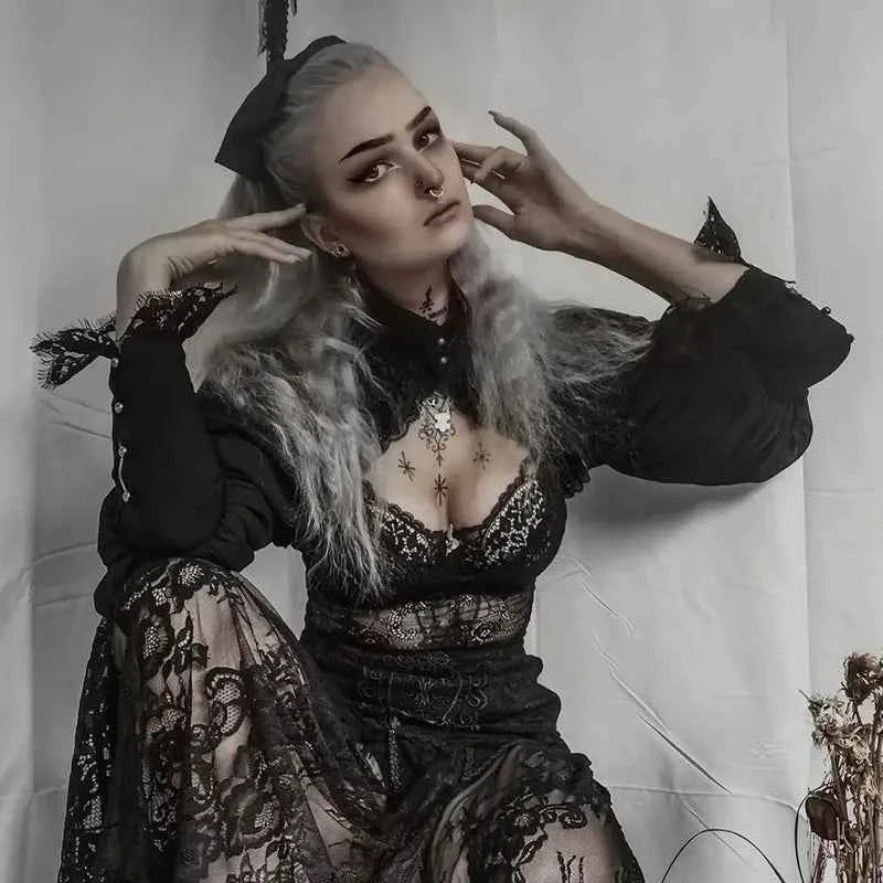 Gothic Lantern Sleeve Smock High Street Sexy Black Winter Long Sleeve Crop Top Aesthetic Fairy  Blusas Mujer De Moda 2022