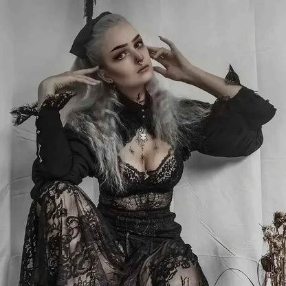 Gothic Lantern Sleeve Smock High Street Sexy Black Winter Long Sleeve Crop Top Aesthetic Fairy  Blusas Mujer De Moda 2022