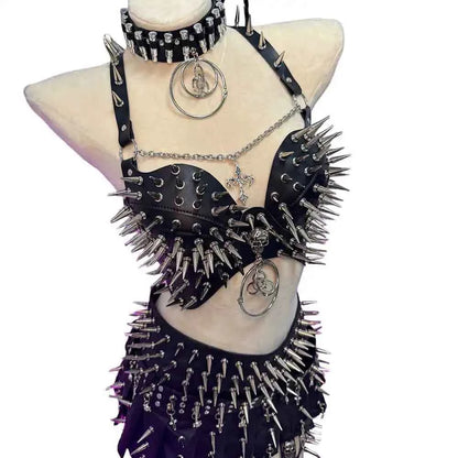Punk Rock Clothes Sexy Goth T-shirt Y2K Tops Gothic Tank Emo Clothing Spiked Bra 80s Festival Outfit Grunge with Spikes ALT