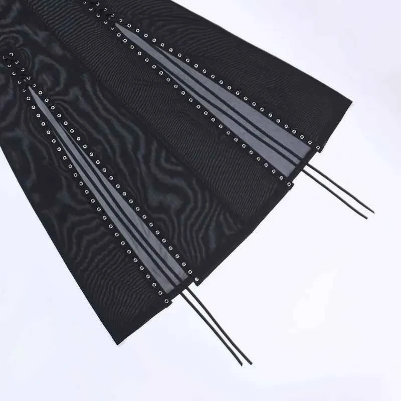 Goth Mesh Perspective Side Slit Skirt Lace Up Dark Punk Gothic Faldas Feminino Thin Summer Aesthetical