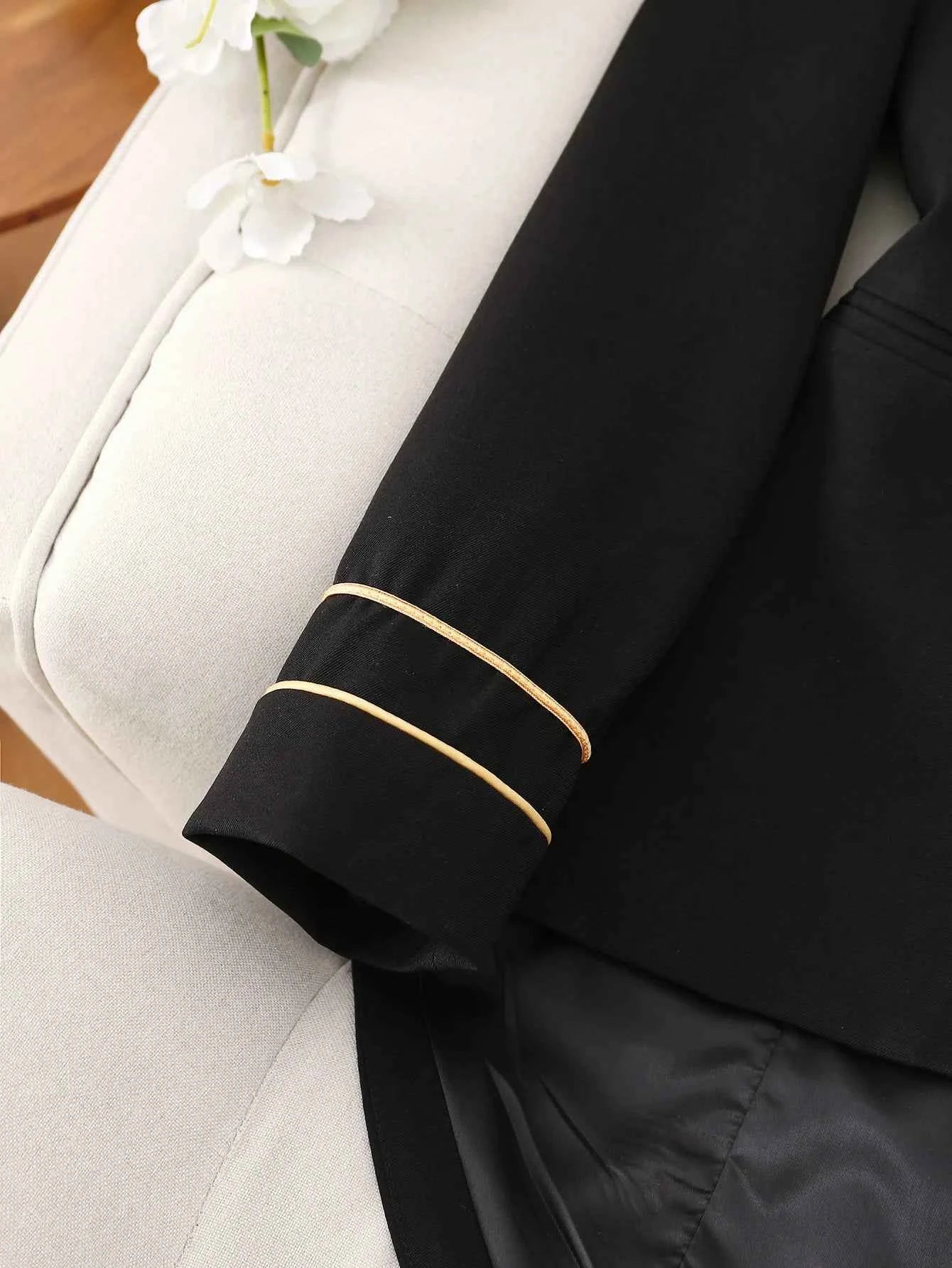 Elegant Black Double-Breasted Blazer with Golden Buttons -Long Sleeves, Polyester Fabric, Perfect for Spring/Fall, Formal Attire