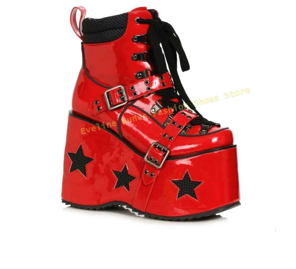 Green Spaced Out Platform Boots Round Toe Wedge Belt Buckle Lace Up Patchwork Women Cyberpunk Boots Gothic Style Y2K Shoes 2025