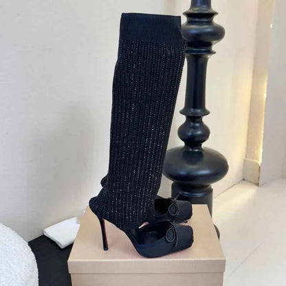 European AndAmerican Sexyrhinestone Elasticsocks Withsleeves Andknee Lengthcool Boots Forwomen's Fashion Shows and Banquet Shoes