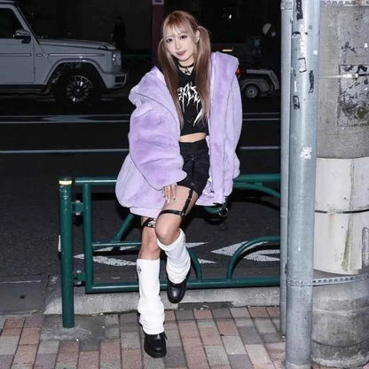 2025 Winter Clothing Women's Jackets Harajuku Rabbit Ears Punk Black Coats Thicked Furry Zipper Oversized Y2k Tops Ropa Mujer