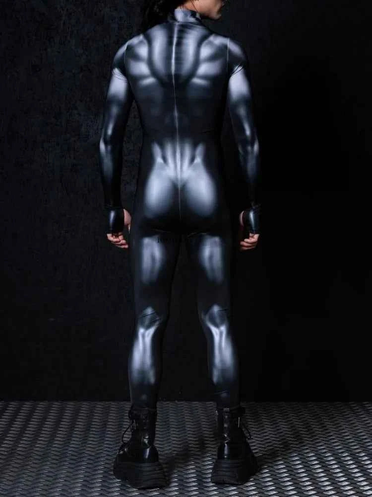 New Halloween Couple Cyberpunk Muscle Black Fashion Sexy Tight Bodysuit Holiday Party Adult Nightclub Stage Role Playing Costume