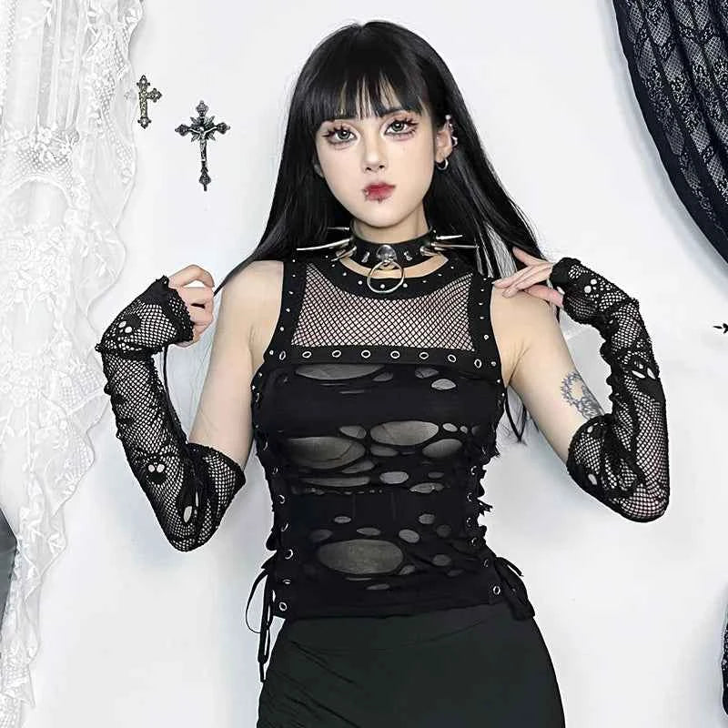 Gothic Crop Tops Punk Tanks Trendy Camisole T-Shirt Women Sexy Fishnet Backless Steampunk Vest Clubwear for Rave Party