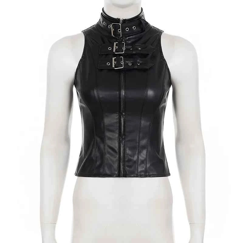 SUCHCUTE Retro Punk Pu Leather Vest With Sleeve Cover Women Gothic Black Sleeveless Turtleneck Top Y2k Metal Decorative Clothing