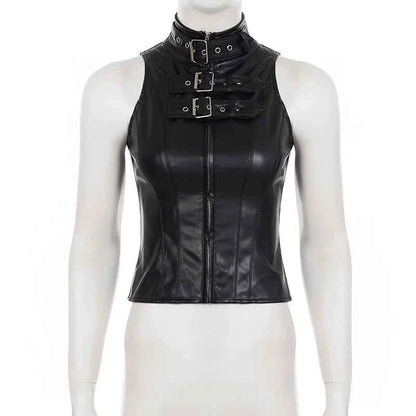 SUCHCUTE Retro Punk Pu Leather Vest With Sleeve Cover Women Gothic Black Sleeveless Turtleneck Top Y2k Metal Decorative Clothing