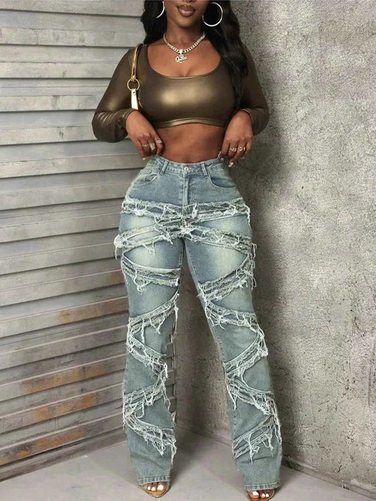 Y2K 90s Street Style Women's Vintage Fringed Distressed Flare Jeans - High Stretch Unique Tassel Design Hip Hop Fashion for All