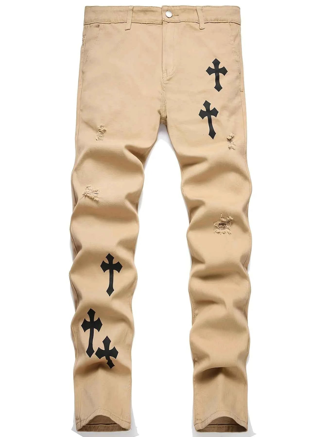 Men's cross print straight leg men's jeans