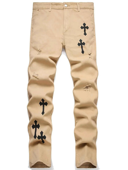 Men's cross print straight leg men's jeans