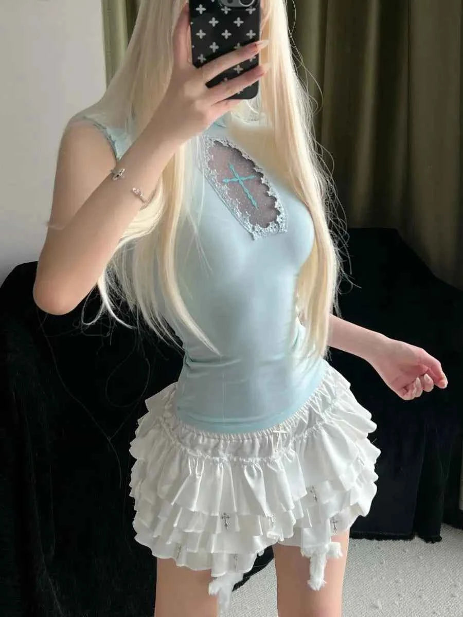 Women Cross Hollow Out T-shirt Gothic Long Sleeve Turtleneck Top Punk Alt Goth Style Clothing Black Blue Y2K Sleeveless Shirt