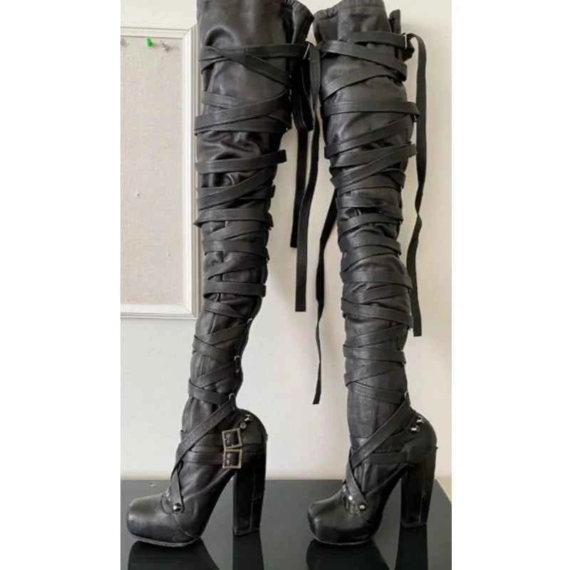 Crisscross Straps Platform Over The Knee Boots Woman Winter 2026 Gothic Style Square Heel Boots Punk Rock Party Footwear