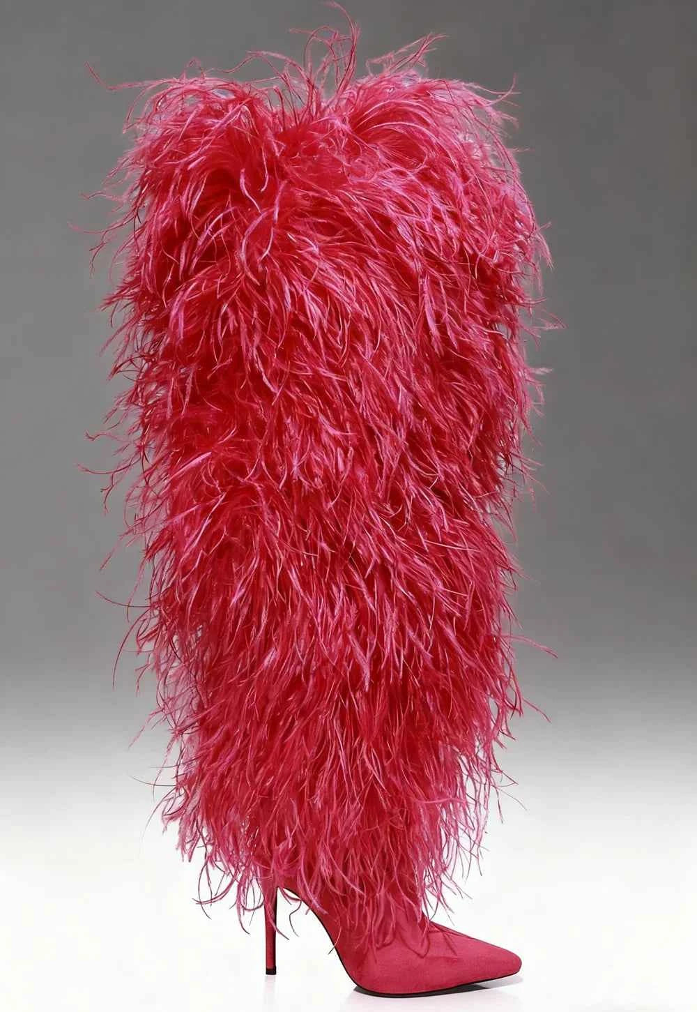 Hot Pink Feather Stiletto Heel Over-the-Knee Boots Plush Fluffy Feather Trim Bold Vibrant Hue Pointed-Toe Edgy Clubwear Looks
