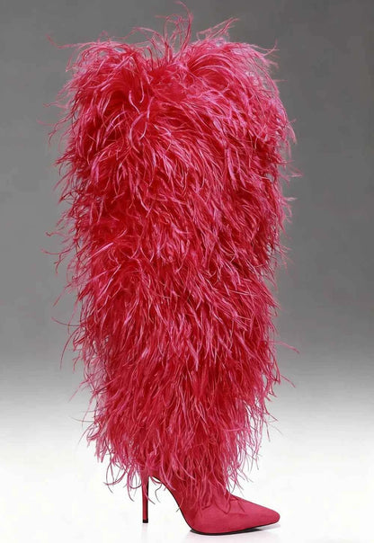Hot Pink Feather Stiletto Heel Over-the-Knee Boots Plush Fluffy Feather Trim Bold Vibrant Hue Pointed-Toe Edgy Clubwear Looks