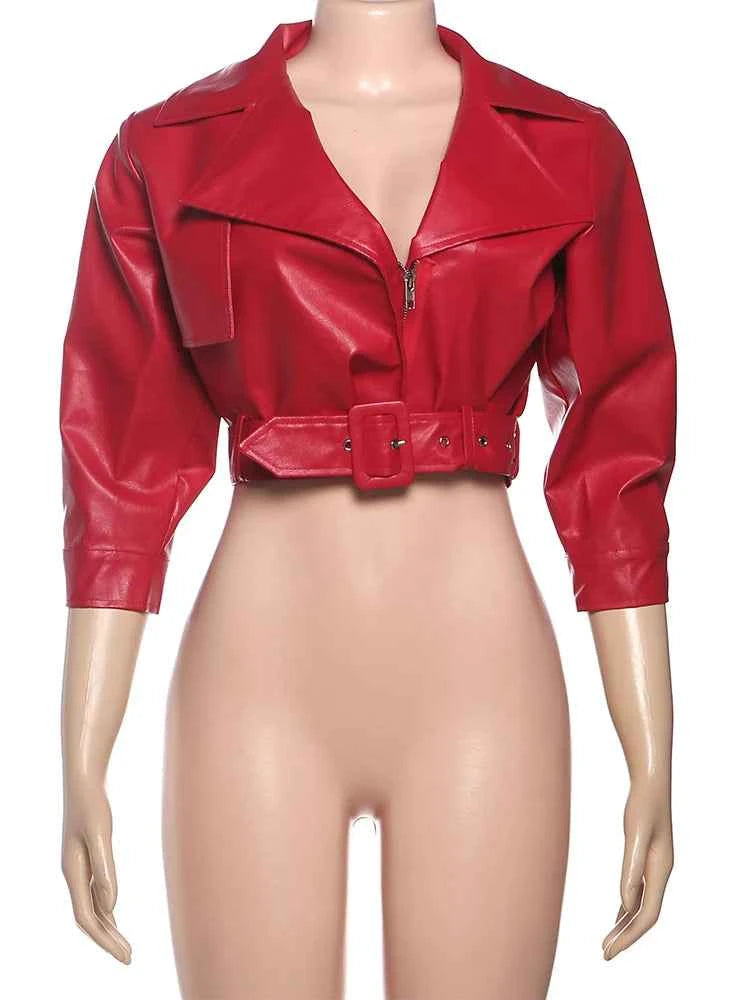 Weird Puss Luxury Crop Jacket Women PU Fall Wild Deep V-Neck Elegant Belt Buckle Zip Full Sleeve Streetwear Office Classic Coat