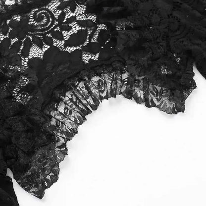 Gothic Classic Lace Cover Ups Women Mesh Crop Top See Through Sexy Flare Sleeve Blouse Y2k Black Rave Outfit Festival