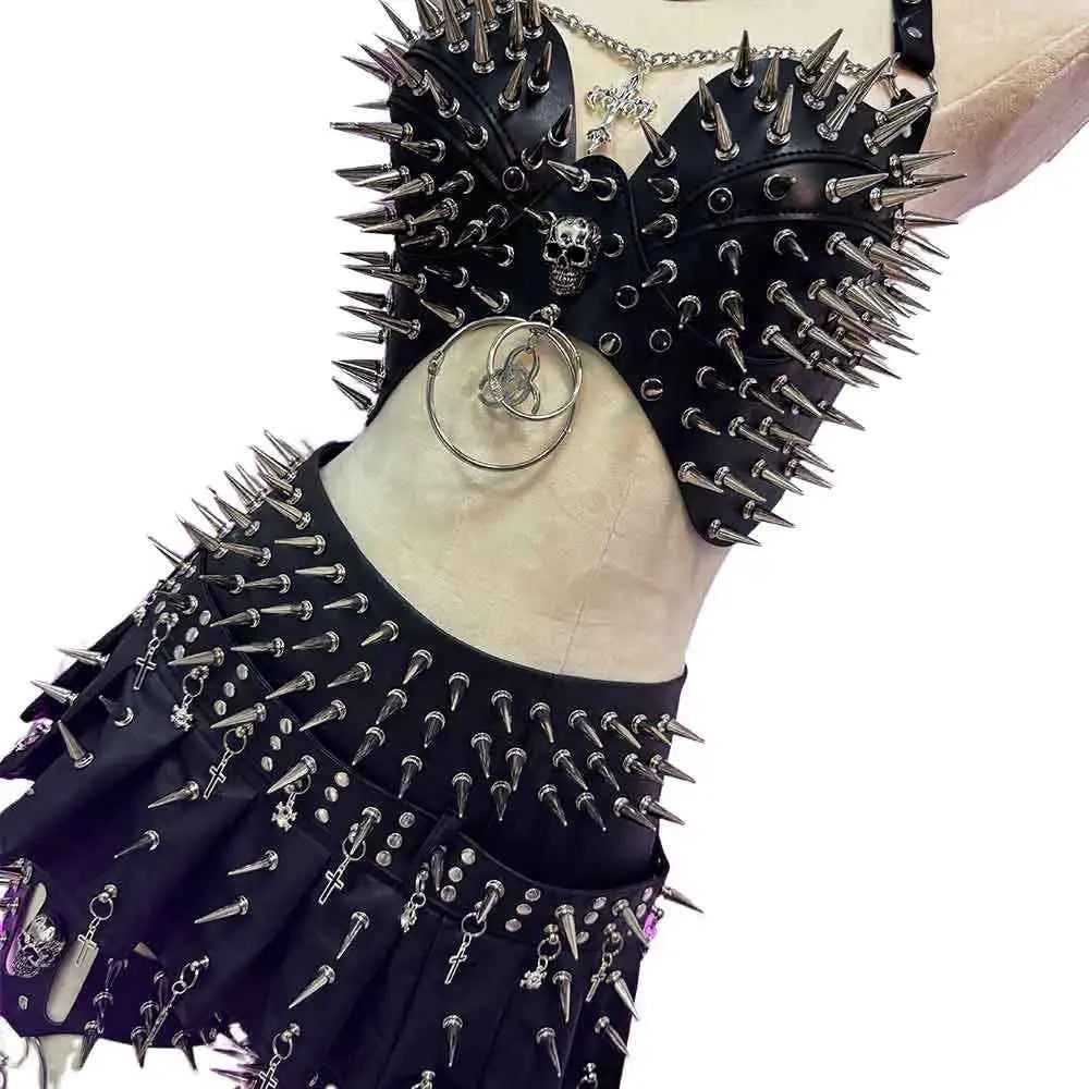 Punk Rock Clothes Sexy Goth T-shirt Y2K Tops Gothic Tank Emo Clothing Spiked Bra 80s Festival Outfit Grunge with Spikes ALT