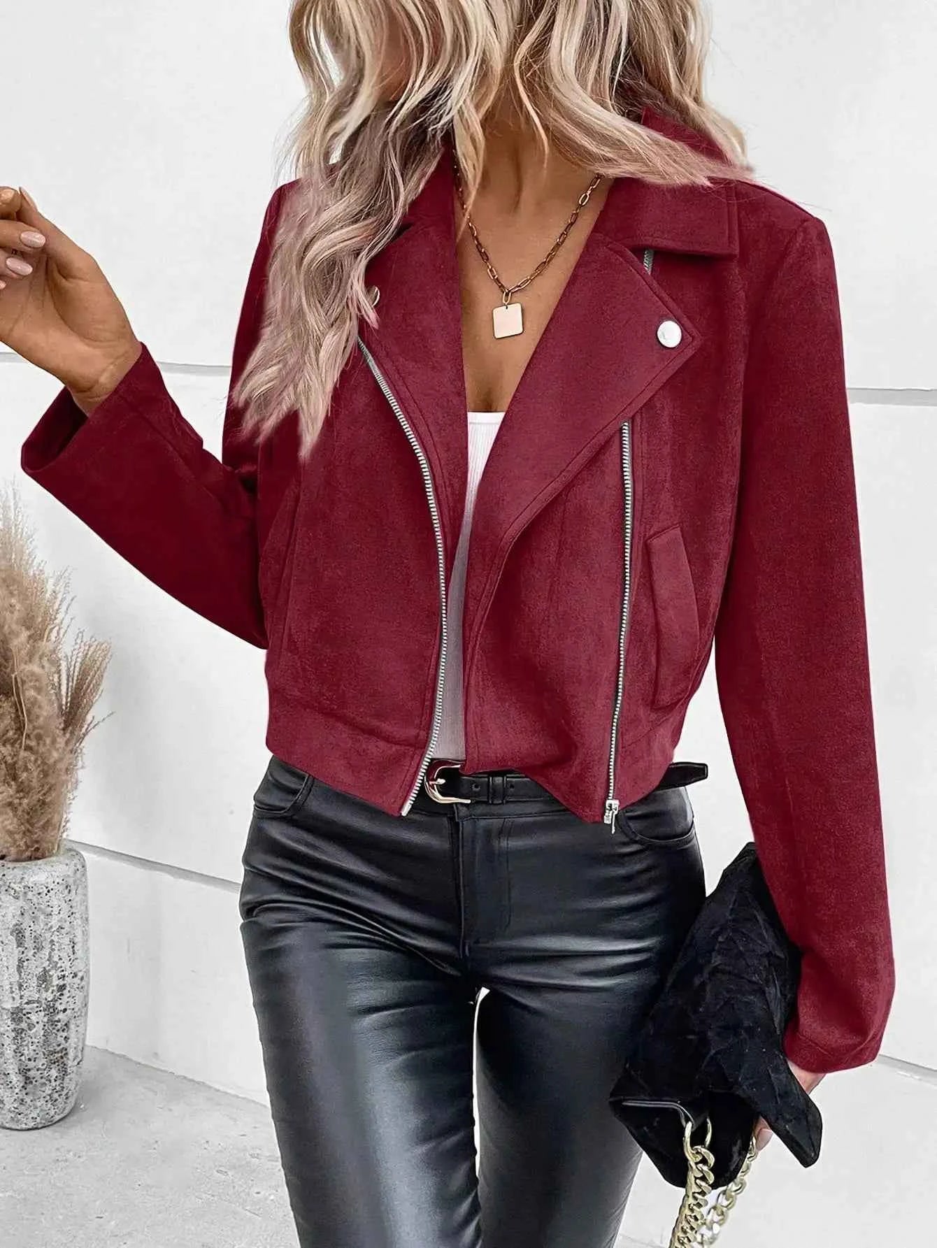 Faux Suede Women Jakcet Zipper Fly Lapel Buttons Motorcycle Jacket Leather Jacket Windproof High Street Biker Jacket Cardigan