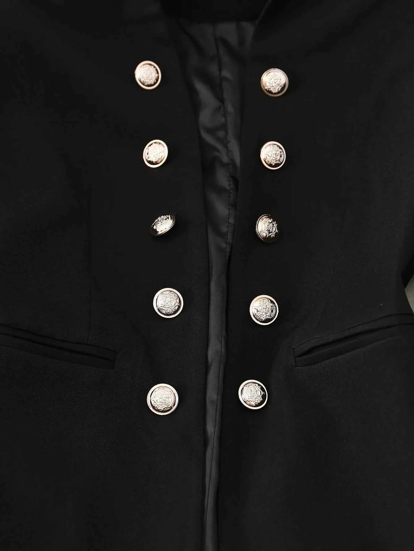 Elegant Black Double-Breasted Blazer with Golden Buttons -Long Sleeves, Polyester Fabric, Perfect for Spring/Fall, Formal Attire