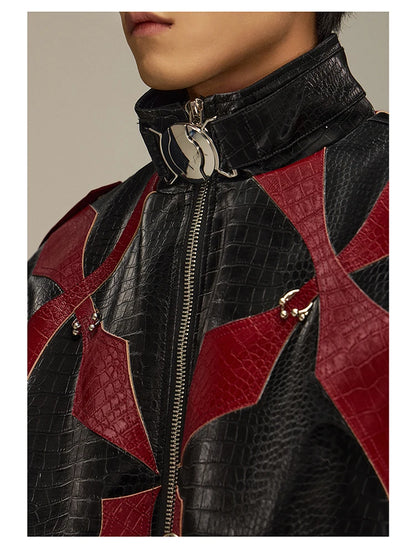 High Quality Crocodile Patchwork Pu Leather Coat Luxury Streetwear Men's Gothic Urban