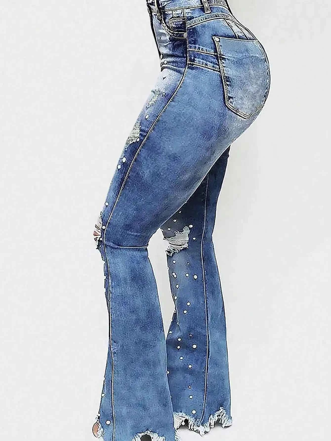 Women's High Waisted Ripped Flared Jeans with Nail Beads, Elastic Denim Pants for Street Style