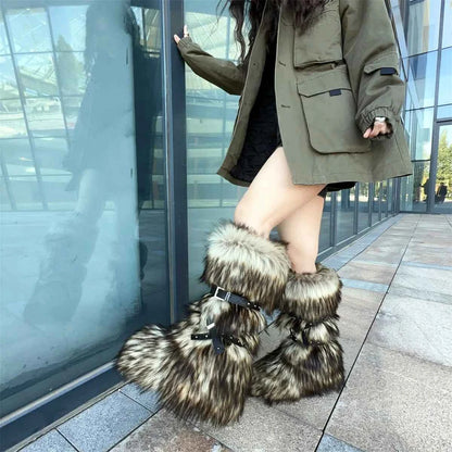 Ladies Faux Fur Knee High Wedge Platform Boots Popular Brown Spice Girl Cross Belt Buckle Winter New Snow Boots For Women