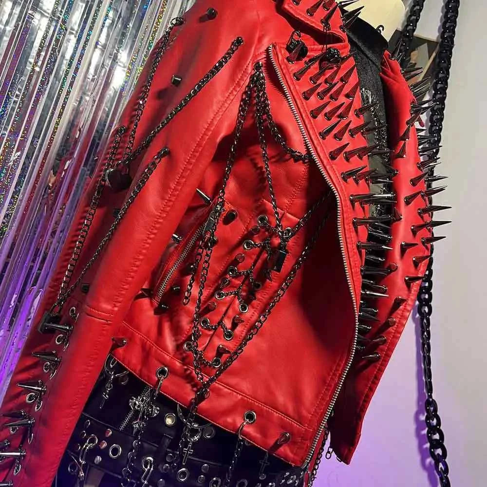 Club Wear Spike Studded Rivet Coat E-Girls Punk Rock Goth Emo Gothic Y2K Pu leather Jacket Harajuku Grunge Chain Zipper