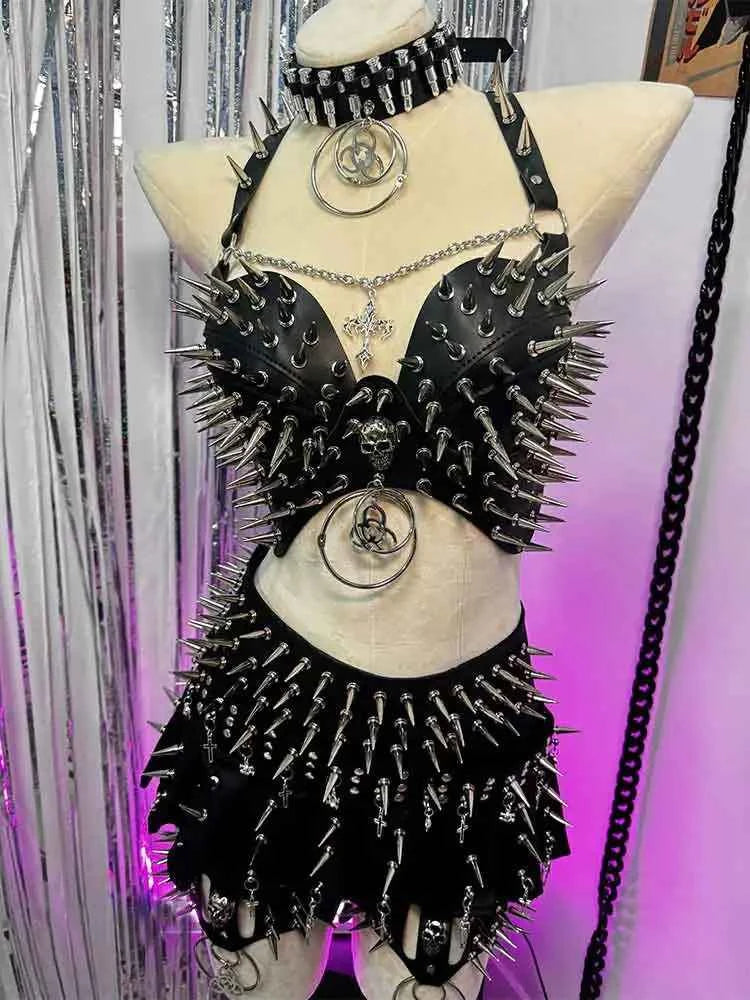 Punk Rock Clothes Sexy Goth T-shirt Y2K Tops Gothic Tank Emo Clothing Spiked Bra 80s Festival Outfit Grunge with Spikes ALT