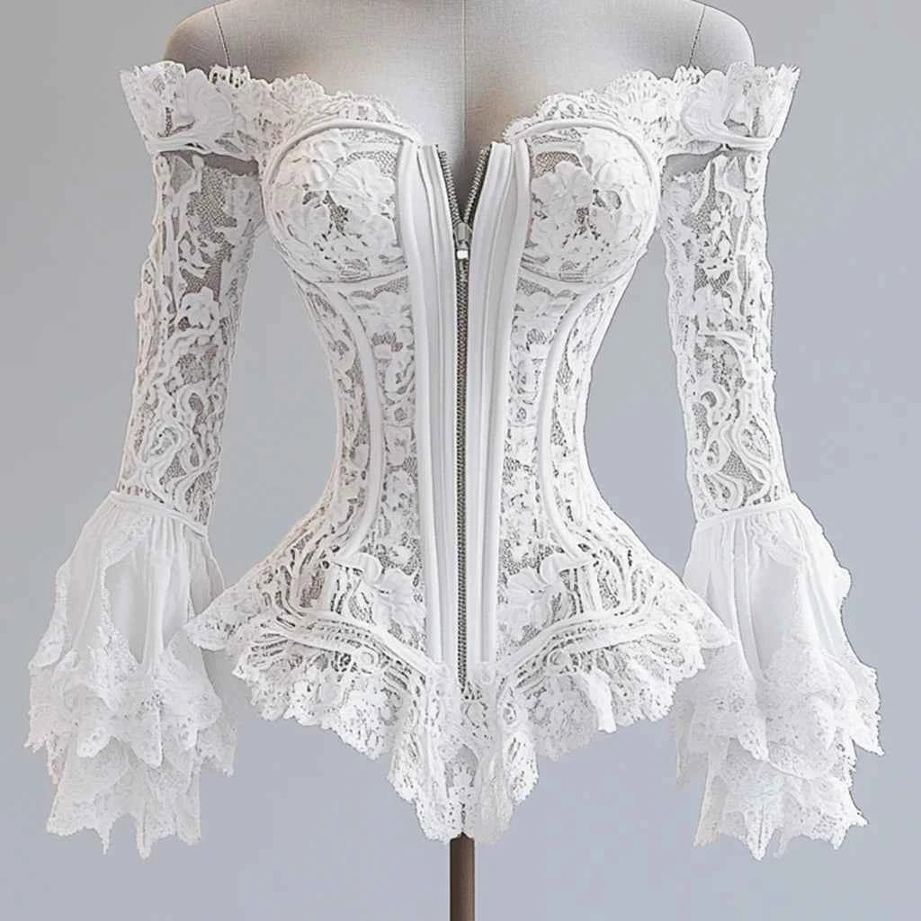 Off Shoulder Lace Blouse for Women Flare Sleeve Zipper Fly Solid Elegant Chic Sexy Hollow Out Long Sleeve Tops Irregular Hem Top