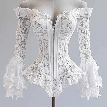 Off Shoulder Lace Blouse for Women Flare Sleeve Zipper Fly Solid Elegant Chic Sexy Hollow Out Long Sleeve Tops Irregular Hem Top