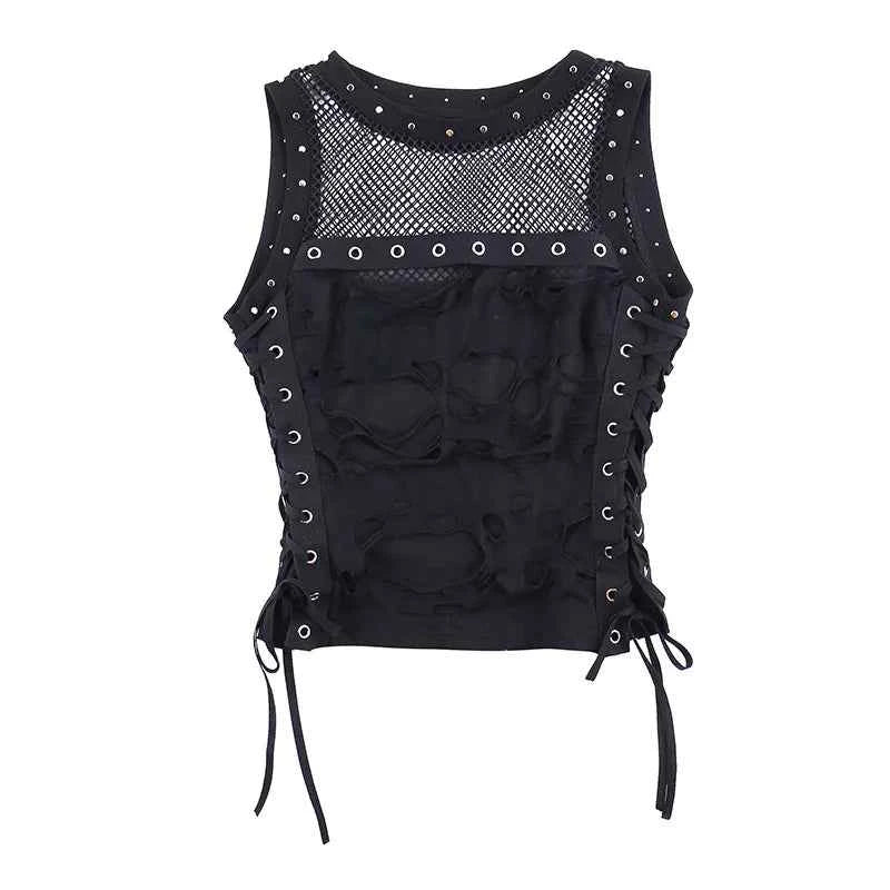 Gothic Crop Tops Punk Tanks Trendy Camisole T-Shirt Women Sexy Fishnet Backless Steampunk Vest Clubwear for Rave Party