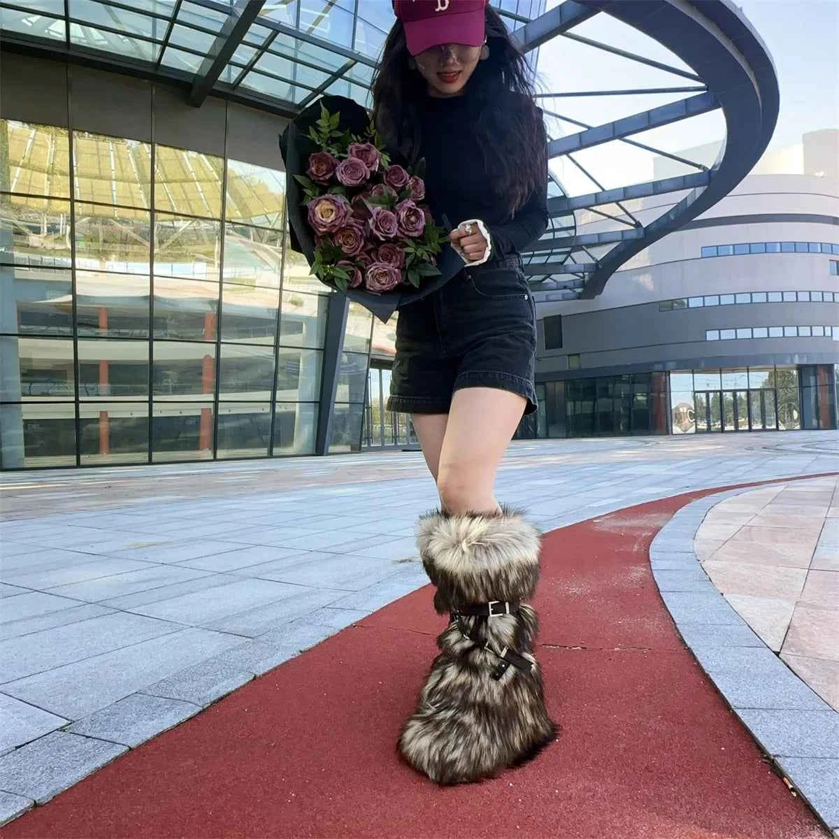 Ladies Faux Fur Knee High Wedge Platform Boots Popular Brown Spice Girl Cross Belt Buckle Winter New Snow Boots For Women