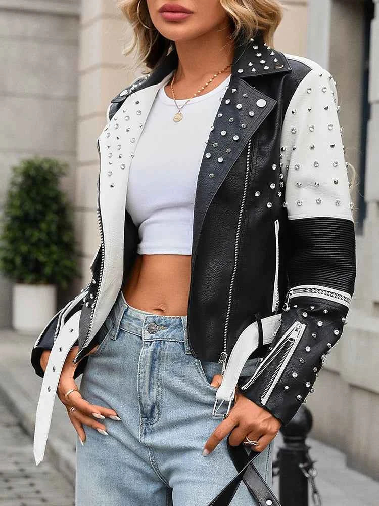 Ailegogo New Spring Autumn Women Street Rivet Black White Faux Leather Jacket Moto Biker Punk Belt Coat Outwear