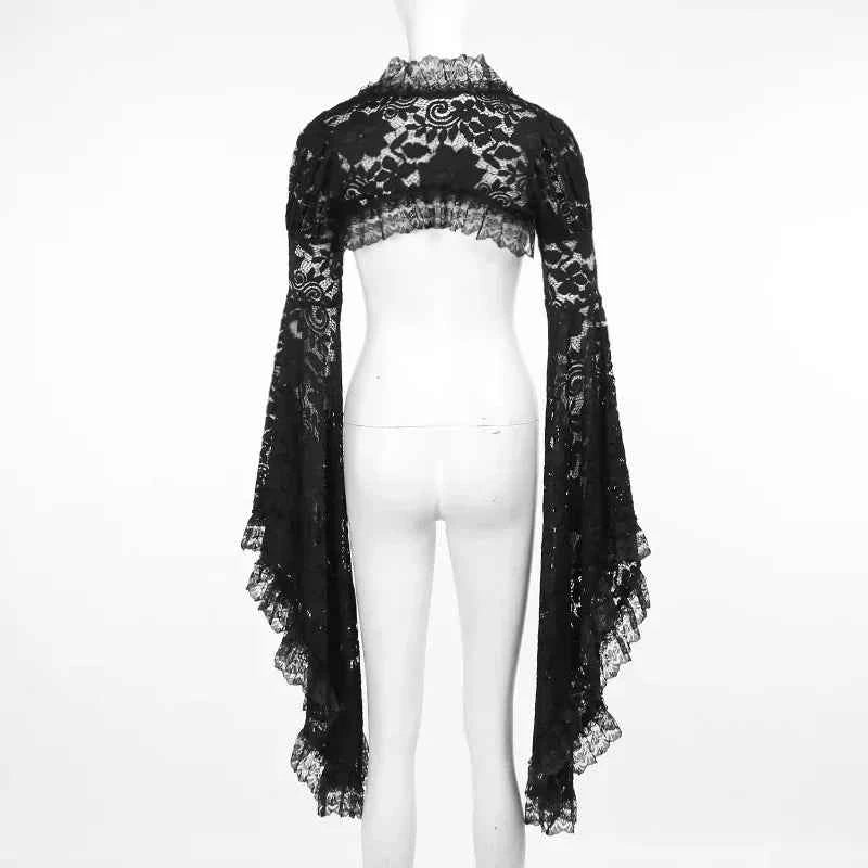 Gothic Classic Lace Cover Ups Women Mesh Crop Top See Through Sexy Flare Sleeve Blouse Y2k Black Rave Outfit Festival