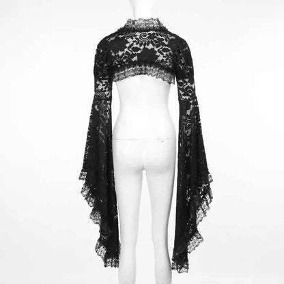 Gothic Classic Lace Cover Ups Women Mesh Crop Top See Through Sexy Flare Sleeve Blouse Y2k Black Rave Outfit Festival