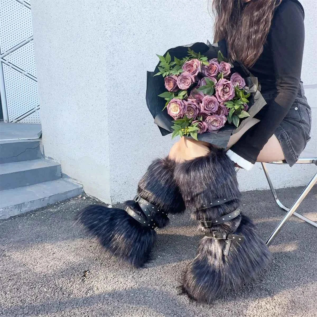 Ladies Faux Fur Knee High Wedge Platform Boots Popular Brown Spice Girl Cross Belt Buckle Winter New Snow Boots For Women