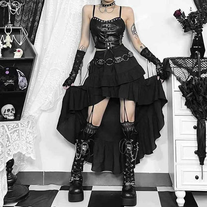 Goth Dark Kawaii Black Tiered Skirts 90S Retro Irregular Hem Party Bottoms Mall Gothic Women Fashion Dragging Skirt Alt Clothing