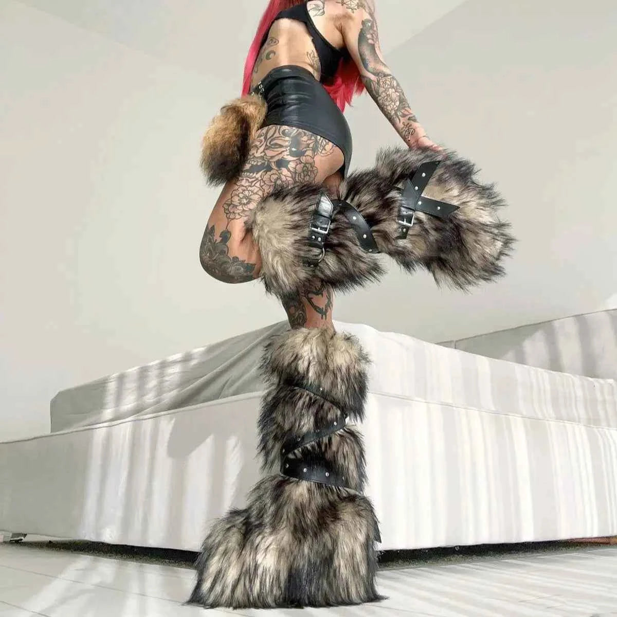 Ladies Faux Fur Knee High Wedge Platform Boots Popular Brown Spice Girl Cross Belt Buckle Winter New Snow Boots For Women