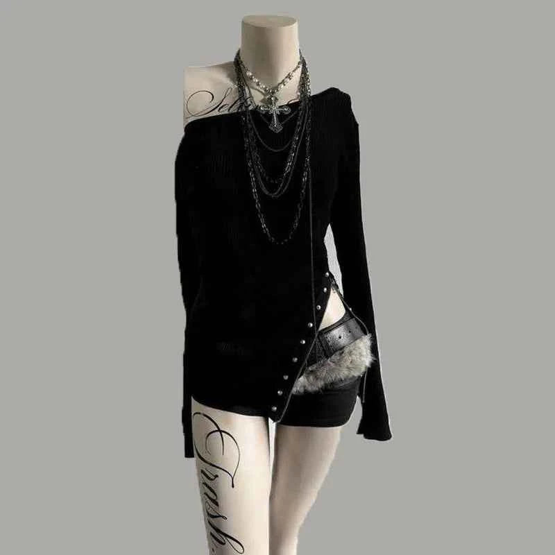 Personality Spice Women Fashion Off The Shoulder Long Sleeve T Shirts Y2k Heavy Rivet Nail Side Split Tops Harajuku Punk Clothes