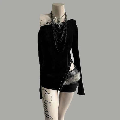 Personality Spice Women Fashion Off The Shoulder Long Sleeve T Shirts Y2k Heavy Rivet Nail Side Split Tops Harajuku Punk Clothes