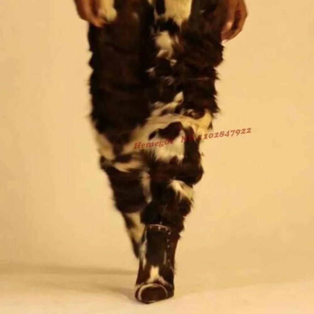 Horsehair Patchwork Thigh High Boots Rivet Stiletto Fur Pointy Toe Women's Boots Winter Thin High Heeled Warm Casual Shoes 2026