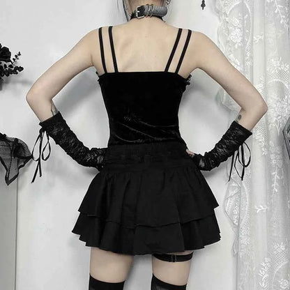 Gothic Black Lace Cross Mini Skirt Y2k Grunge Punk High Waist Pleated A-Line Skirts Vintage Women Girl Aesthetic Alt Clothes