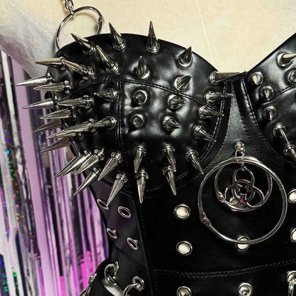 Gothic Emo Punk Woman Top with Spikes Grunge PU Leather Tank Y2K Alternative Clothing Sexy Party Club Wear T-shirt for Women