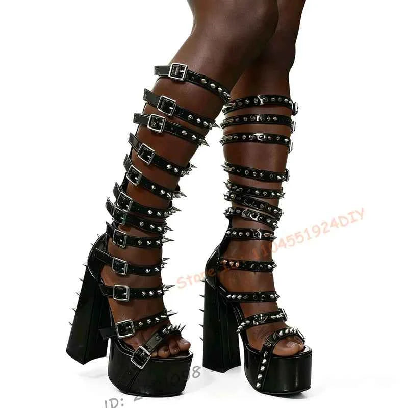 Block Chunky Heeled Spiky Belt Hollow Out Knee Length Punk Gladiator Summer Boots Women Black Leather Stud Long Sandal Boot
