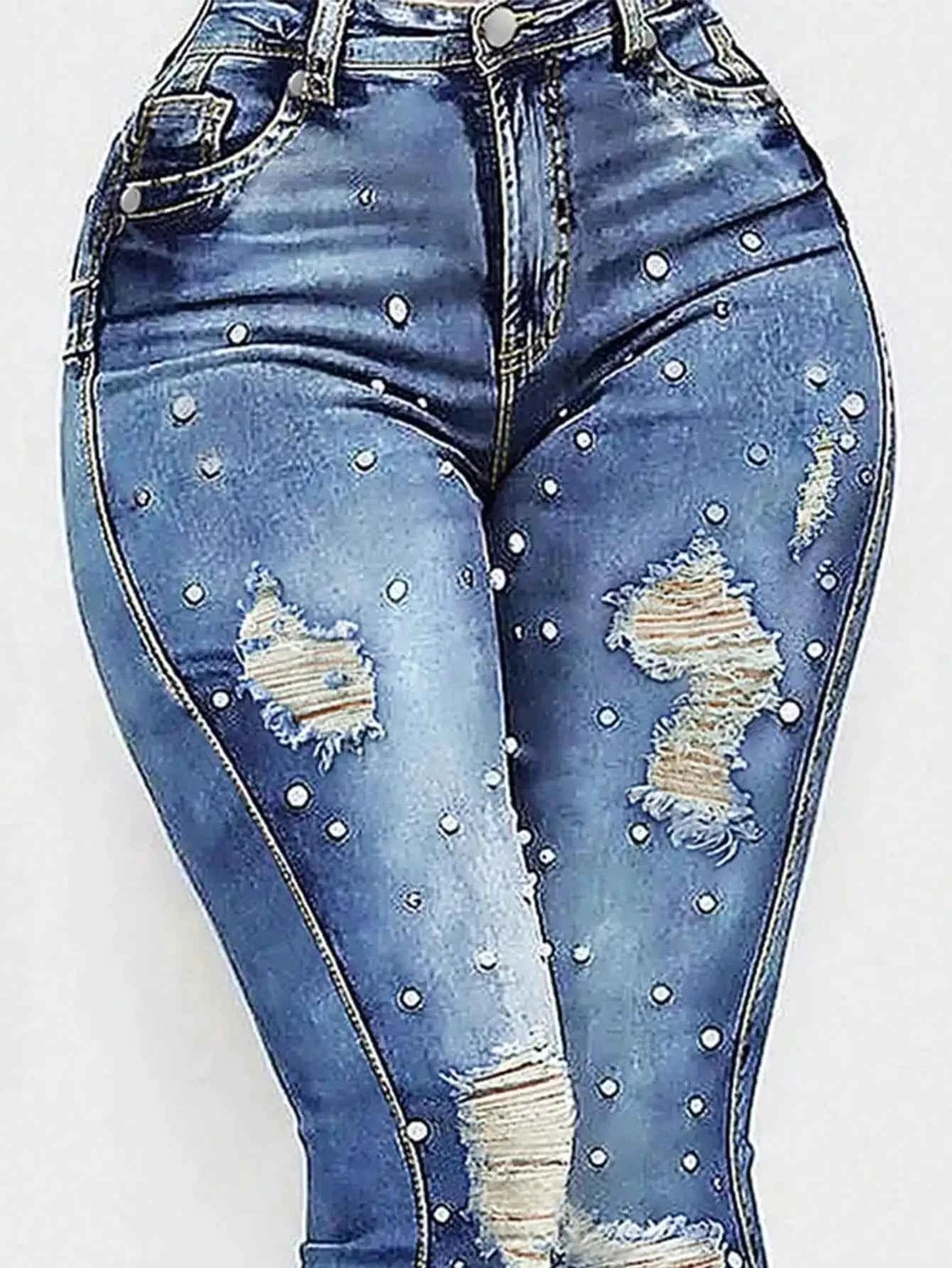 Women's High Waisted Ripped Flared Jeans with Nail Beads, Elastic Denim Pants for Street Style