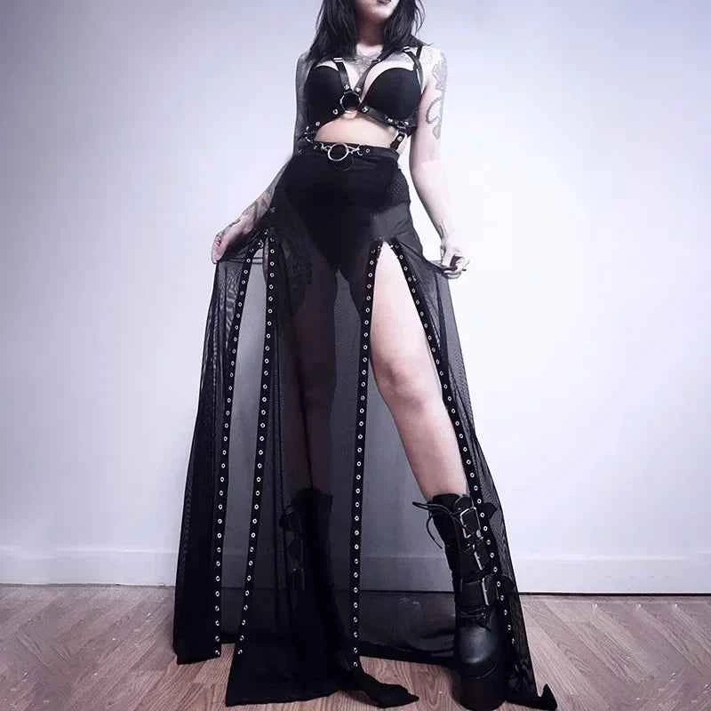 Goth Mesh Perspective Side Slit Skirt Lace Up Dark Punk Gothic Faldas Feminino Thin Summer Aesthetical