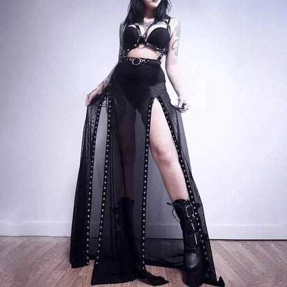 Goth Mesh Perspective Side Slit Skirt Lace Up Dark Punk Gothic Faldas Feminino Thin Summer Aesthetical