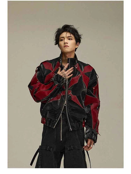 Mauroicardi Spring Autumn Cool Handsome Crocodile Print Patchwork Pu Leather Jacket Men Color Block Luxury Designer Clothes 2024